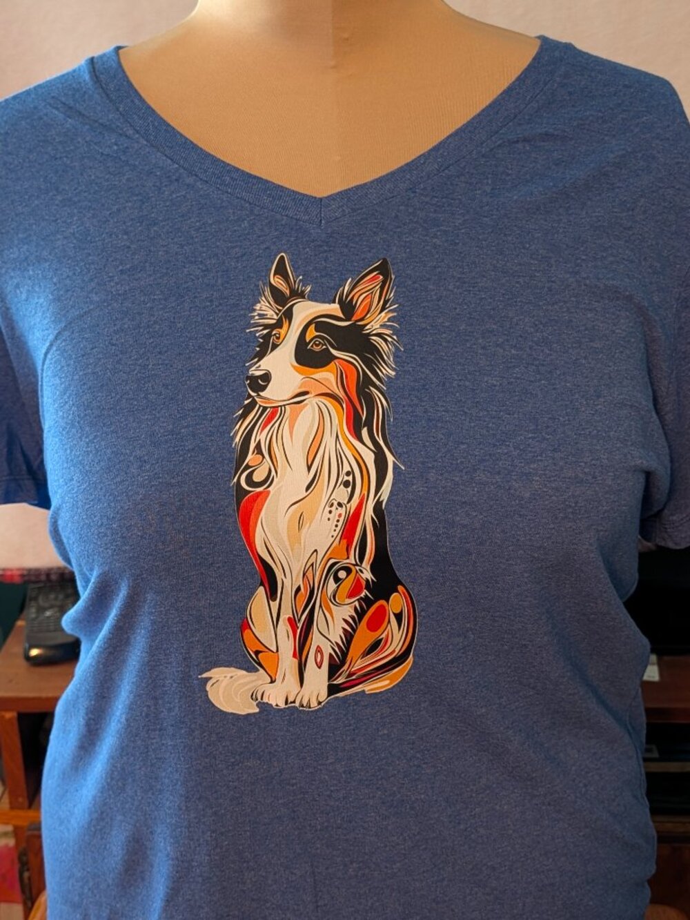 Women's AllMade 2XL Blue V Neck T shirt/Colorful Border Collie